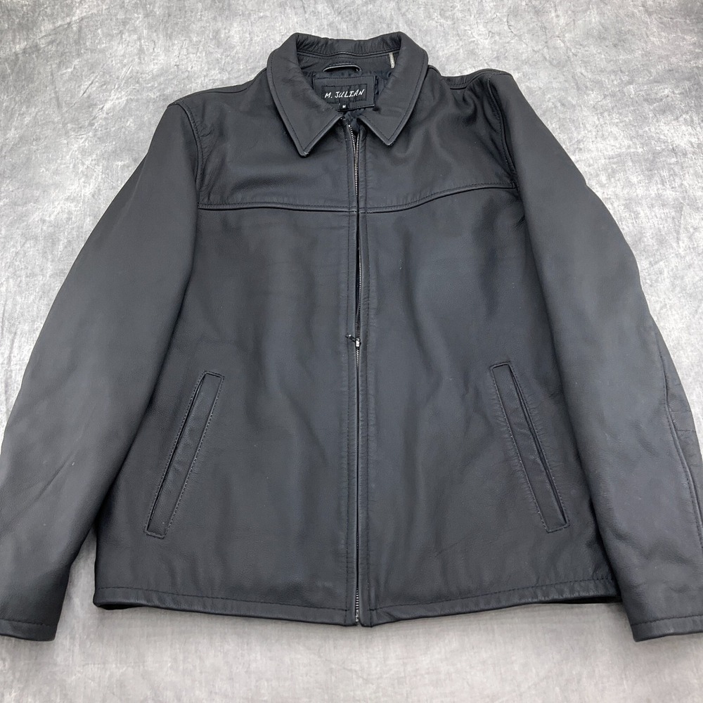 M Julian Jacket Men Medium Flat Black Leather Quilt Lined Zip Moto‎ Classic VTG